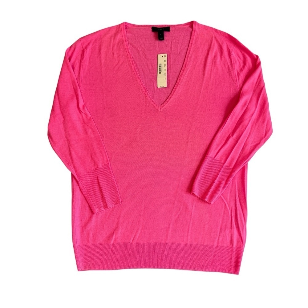 J. Crew Vibrant Pink V-Neck 100% Merino Wool Sweater 3/4 Sleeve Size S #1746 NWT - Picture 2 of 7